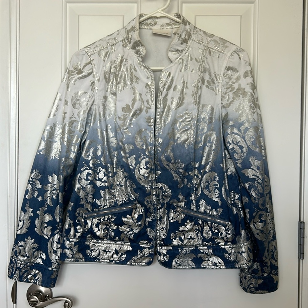 Chico’s denim jacket. Size 0. White to dark blue ombré with silver print.